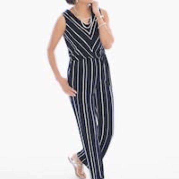 Chico's Knit Kit Vertical Stripe Jumpsuit  Ink/White Size 2 (12/14 -Large) - Picture 1 of 4